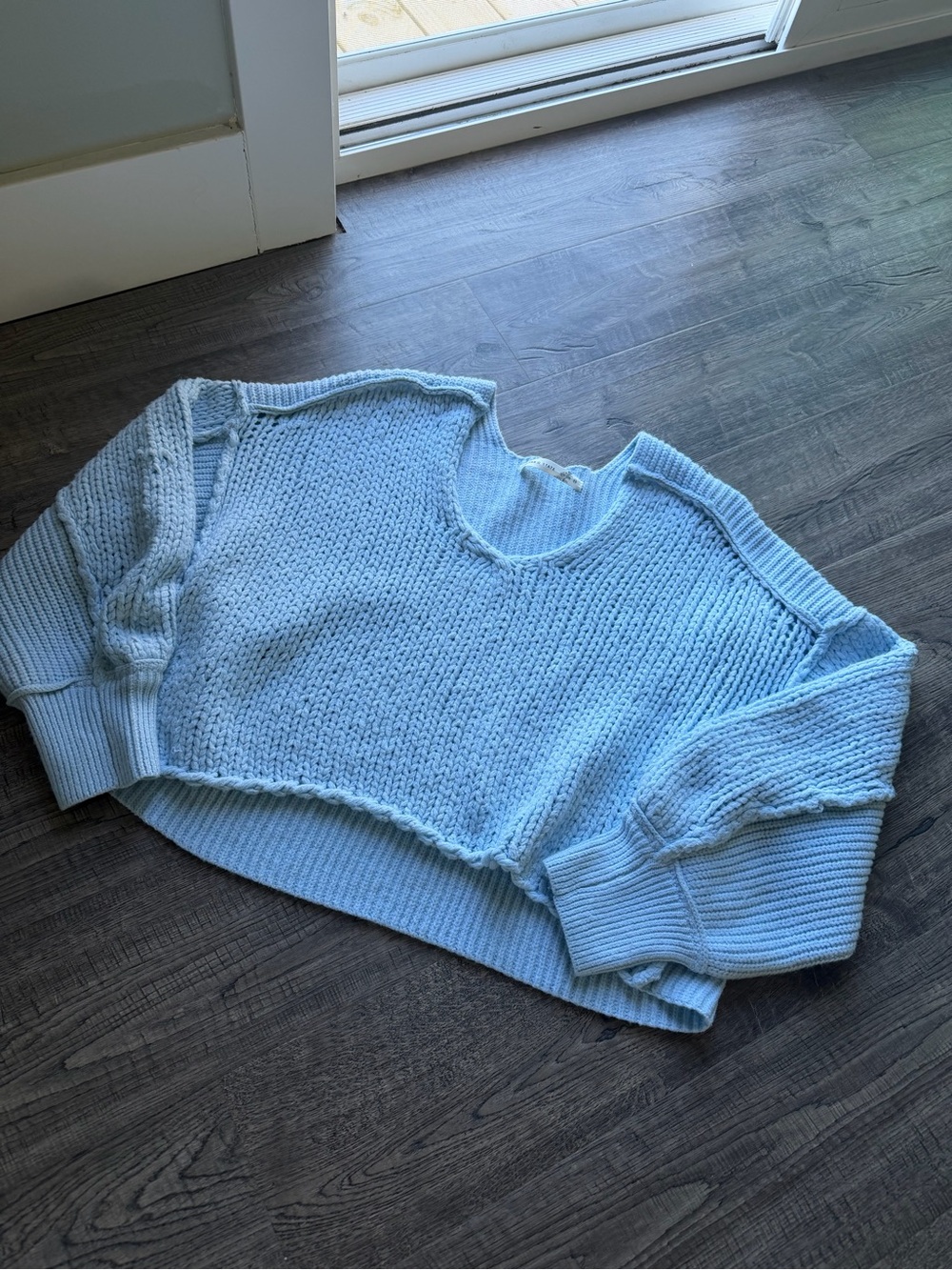 Altar'd State Light Blue Cropped V-Neck Knit Sweater